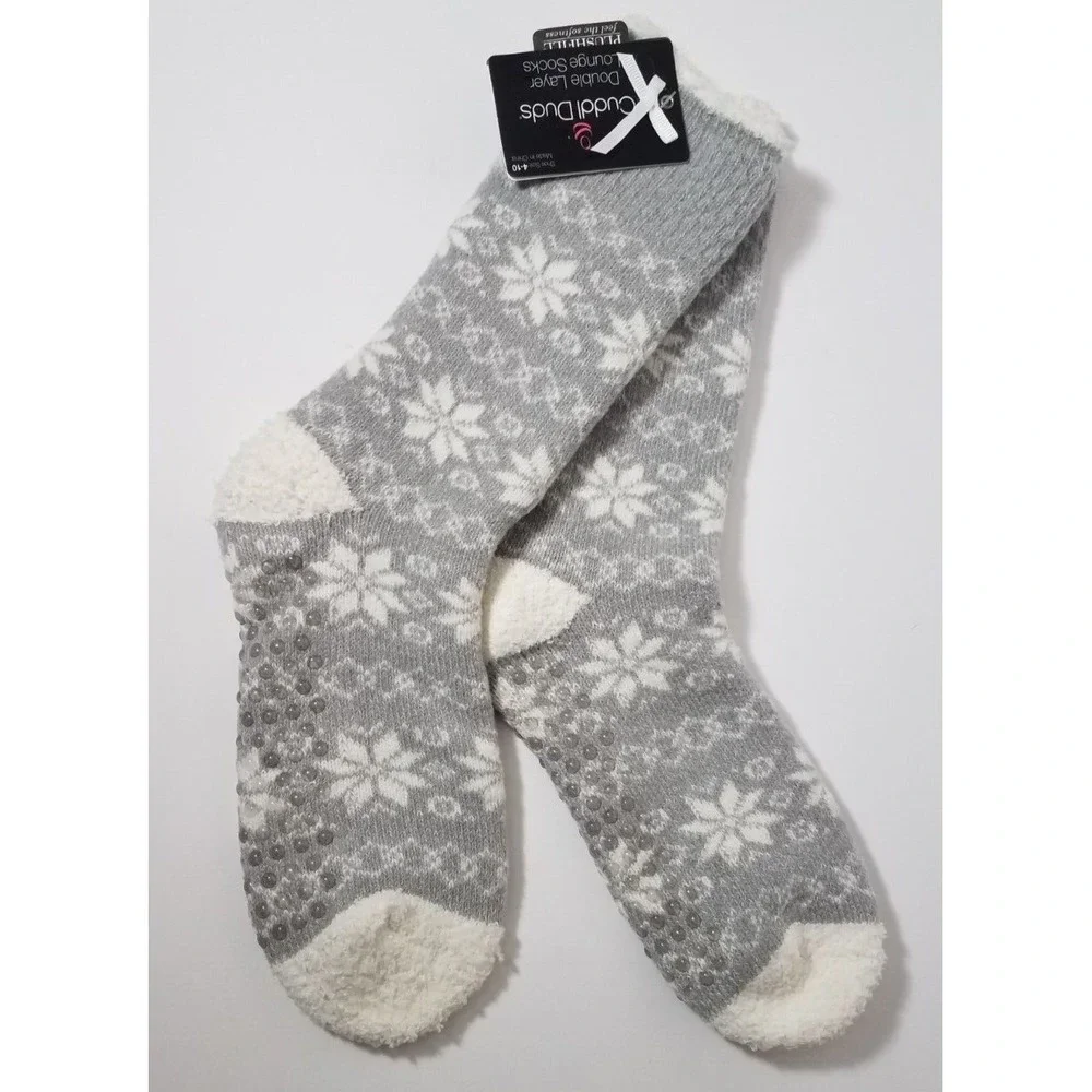 Cuddl Duds Socks Women 4-10 Double Layer Lounge Plush Non-Skid Bottoms‎ Gray NEW